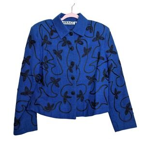 Vintage Anage Blue Black Beaded Embroidered Cotton Jacket Womens Medium M Chic